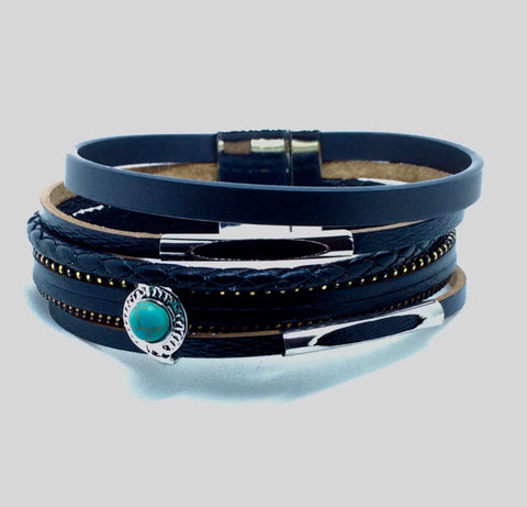 Black Faux Leather & Turquoise Magnetic Bracelet
