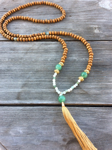 32" Jade & Wood Tassel Necklace