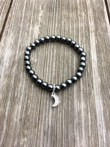Hematite Stretch Bracelet with Silver Moon Charm