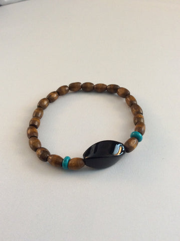 Wood Beaded Stretch Bracelet With Turquoise & Twisted Black Onyx