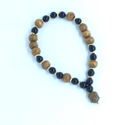 Onyx, Wood, Buddha Head Mala Bracelet
