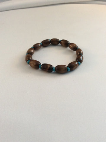 Natural Wood Stretch Bracelet with Faux Turquoise