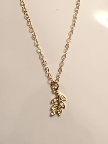 CZ Leaf Pendant Necklace Gold Filled