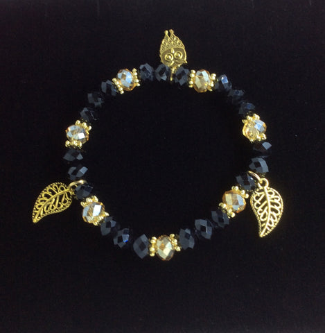 Black and Gold Leaf/Owl Stretch Bracelet