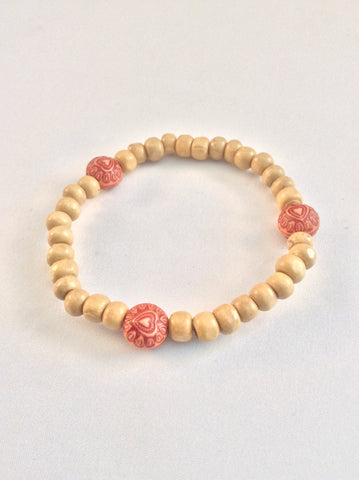 Natural Wood Stretch Bracelet with Ceramic Hearts